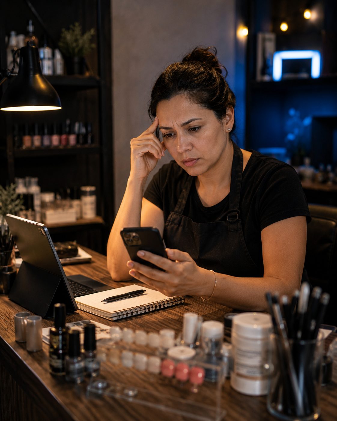 Emprendedora revisando su celular con gesto de preocupación en su negocio de belleza