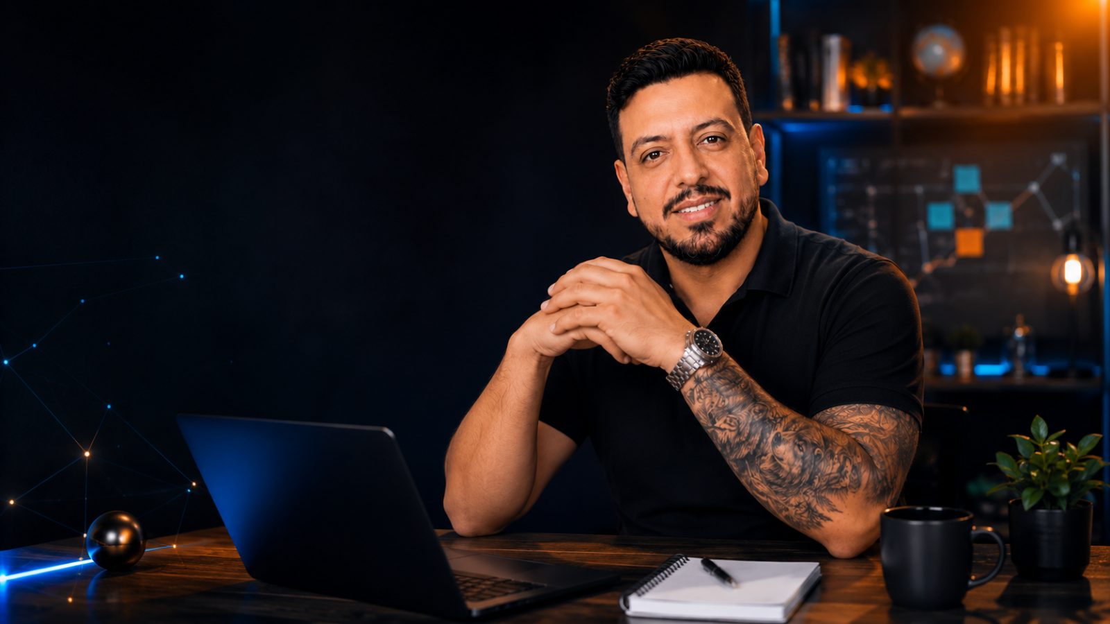 Santiago Salib Cruz sentado frente a su laptop en un espacio de trabajo oscuro con líneas de energía azul