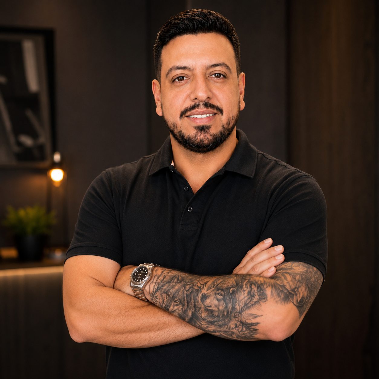 Retrato de Santiago Salib Cruz con los brazos cruzados en un estudio oscuro